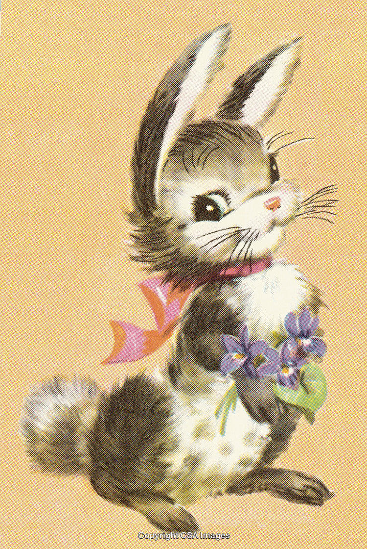Cute Hand-Drawn Bunny Holding Flowers with a Pink Ribbon on Beige Background