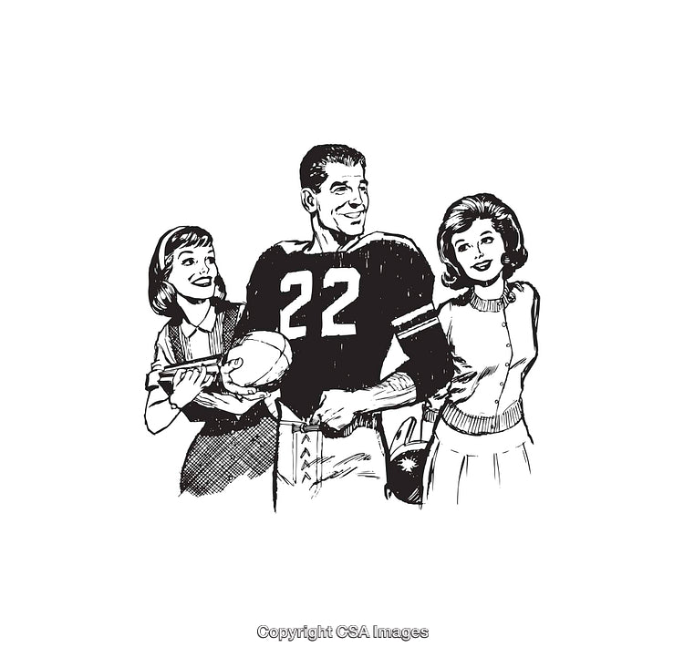 Retro Line Art of Football Player with Two Women Smiling