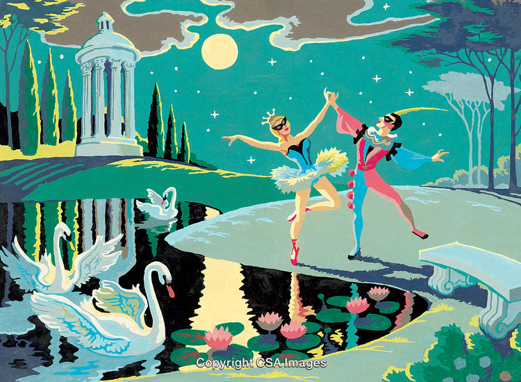 Elegant Ballet Performance in a Dreamlike Romantic Landscape Under Moonlight