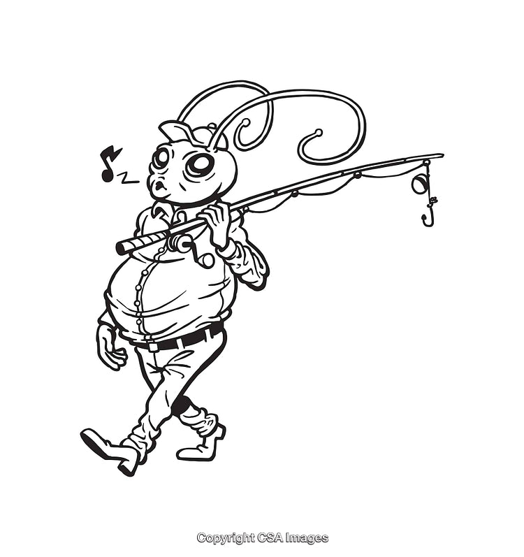 Anthropomorphic Grasshopper Fishing Character in Black and White Line Art