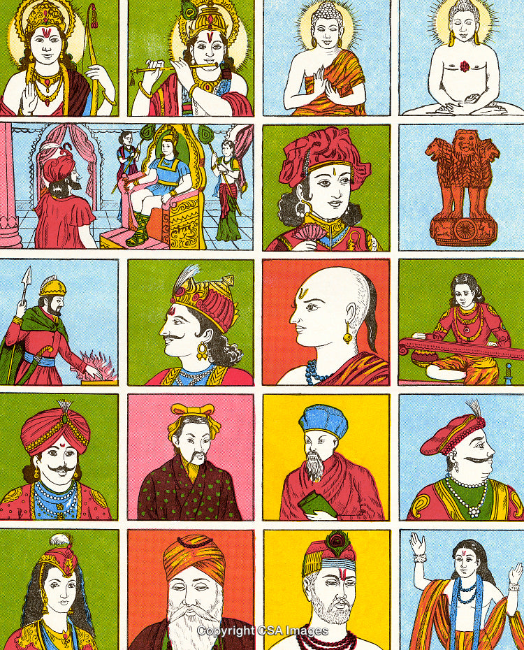 Colorful Collage Depicting Historical and Mythological Indian Figures