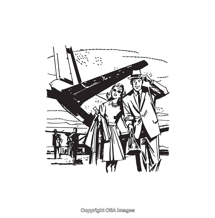 Black and White Vintage Line Art of Stylish Couple Near Airplane