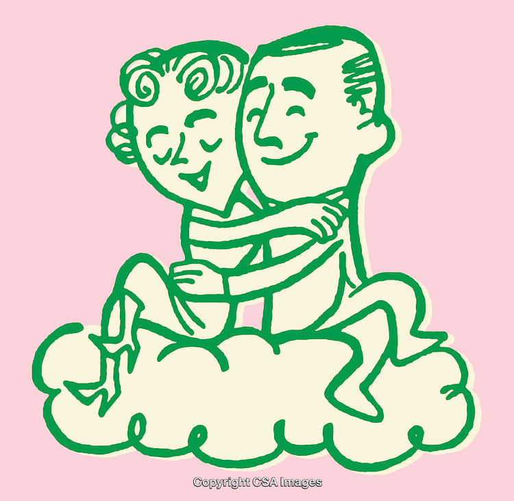 Whimsical Illustration of a Joyful Embrace on a Fluffy Cloud