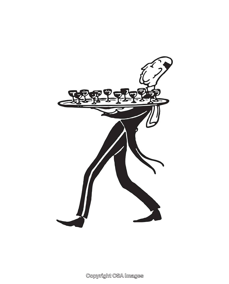 Elegant Cartoon Waiter Carrying Wine Glasses On A Tray