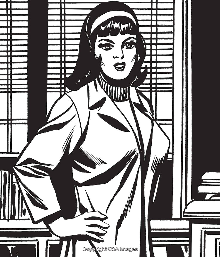Retro Styled Black and White Portrait of Woman in Vintage Office