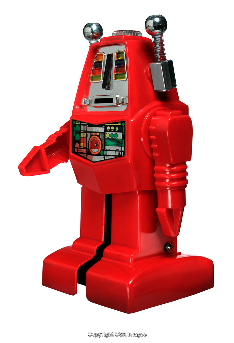 Red Retro Robot Toy with Mechanical Design and Chrome Details