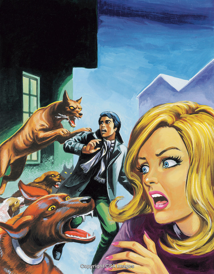 Dramatic Scene of People and Animals Illustrating Danger and Fear