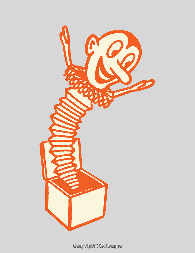 Whimsical Jack-in-the-Box Illustration in Orange Line Art on Gray Background