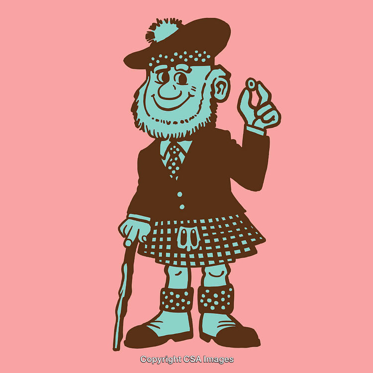 Colorful Illustration of a Man in Traditional Scottish Attire with a Cane