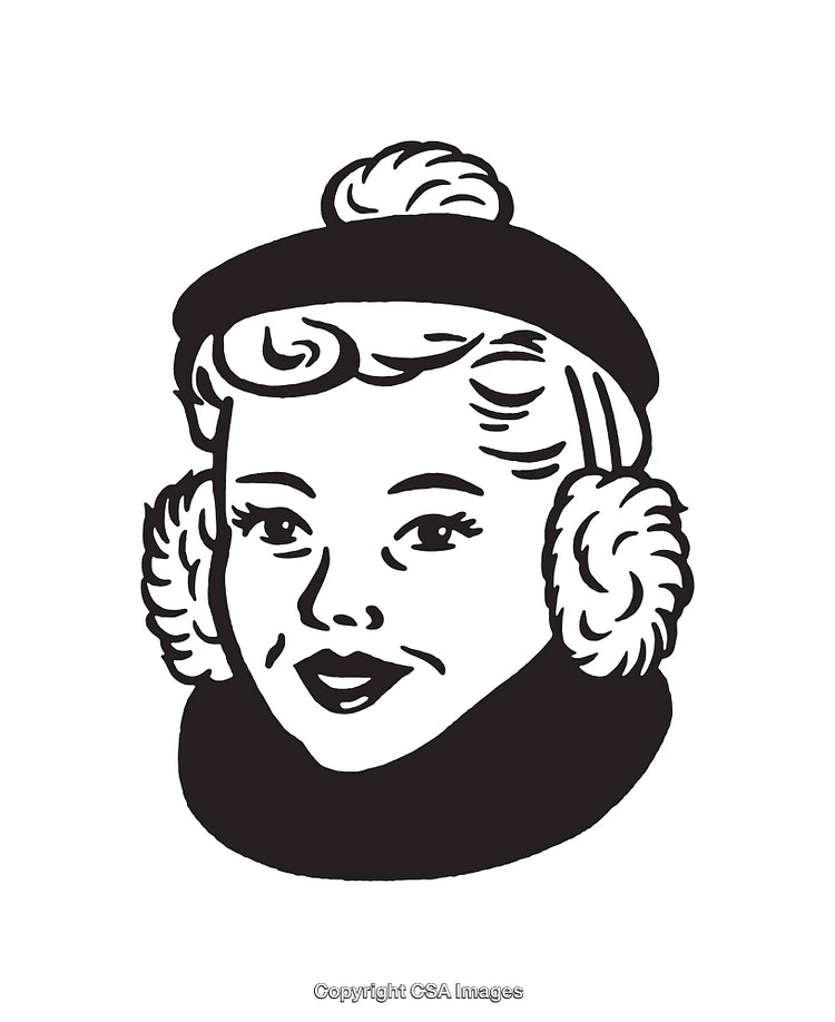 Black And White Winter Illustration of Woman With Earmuffs And Hat