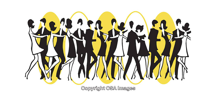Stylized Illustration of Dancing Couples in Motion with Vibrant Contrast