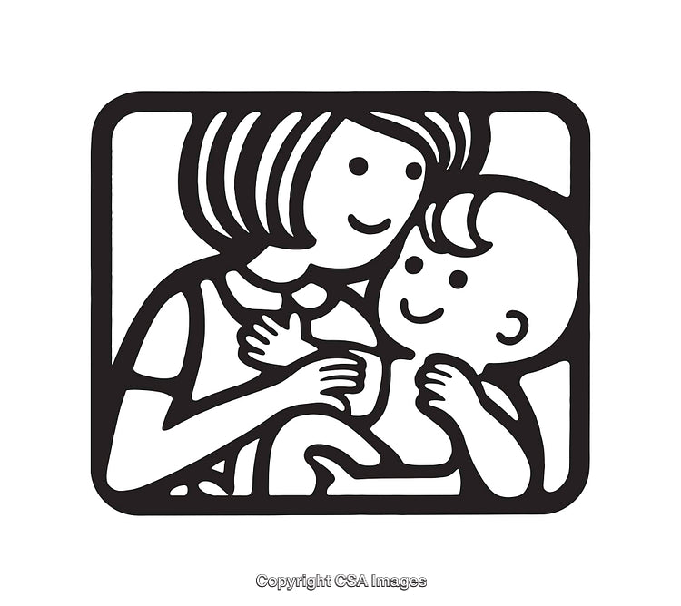 Monochrome Illustration of Mother and Child in Embrace Line Art Style