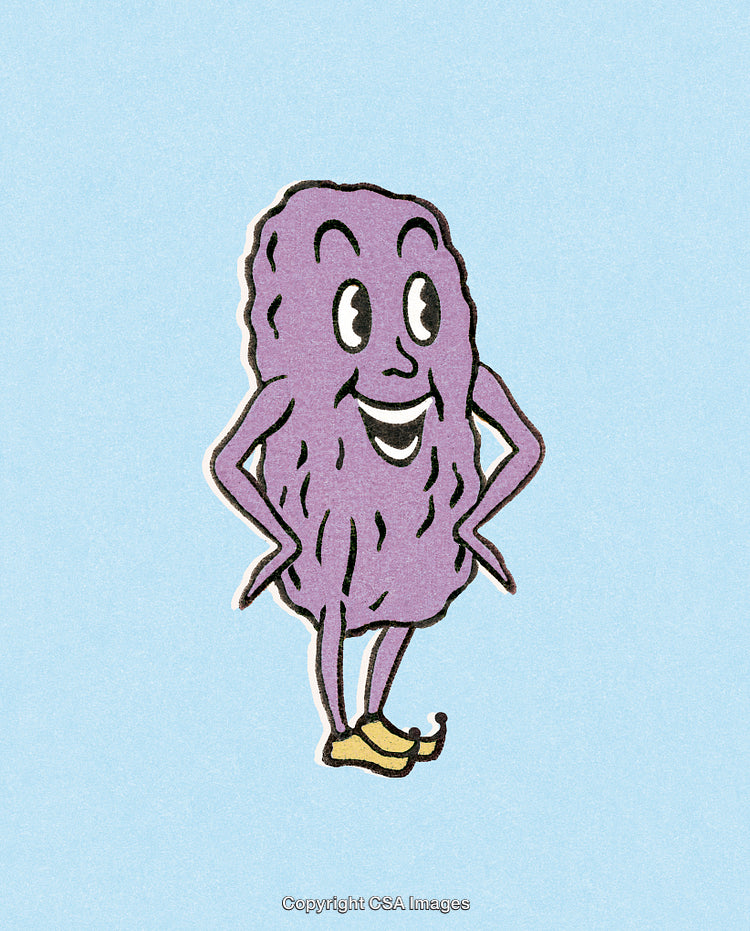 Cartoon Illustration of a Purple Raisin Character on a Light Blue Background