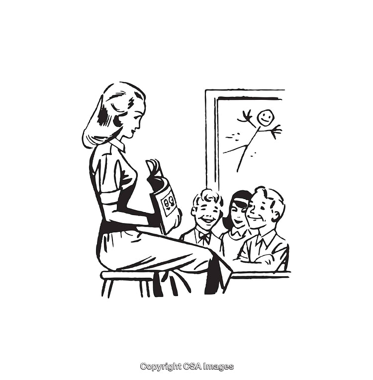 Black and White Illustration of a Vintage Classroom Scene with Teacher and Students