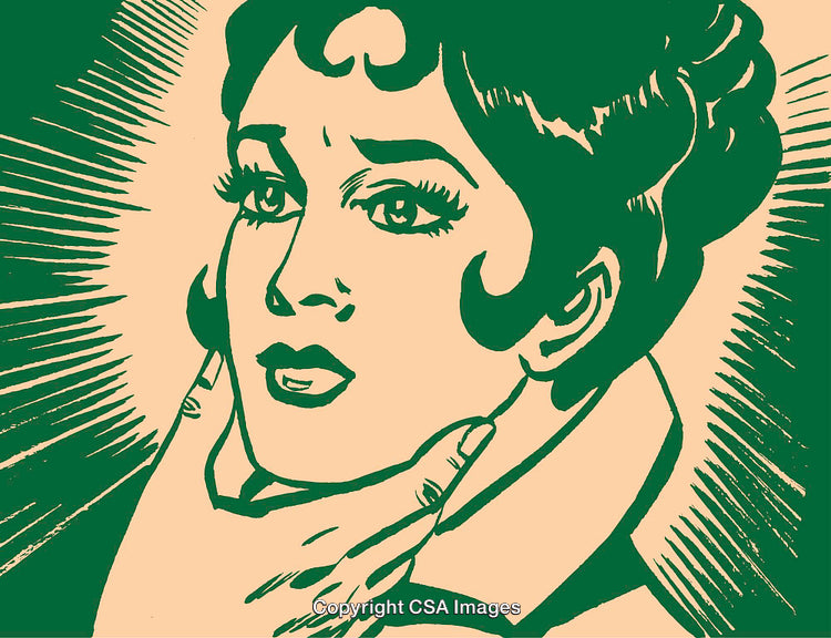 Vintage Green Graphic Artwork of a Woman in a Reflective Mood