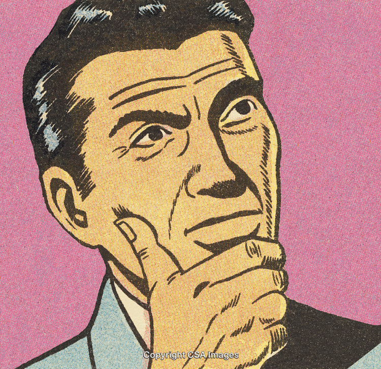 Thoughtful Retro Illustration of a Pondering Businessman on Pink Background