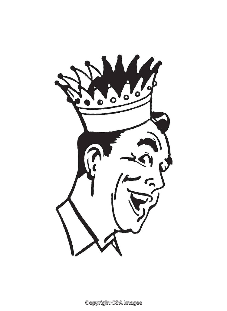 Vintage Black and White Line Art of Smiling Man Wearing Crown