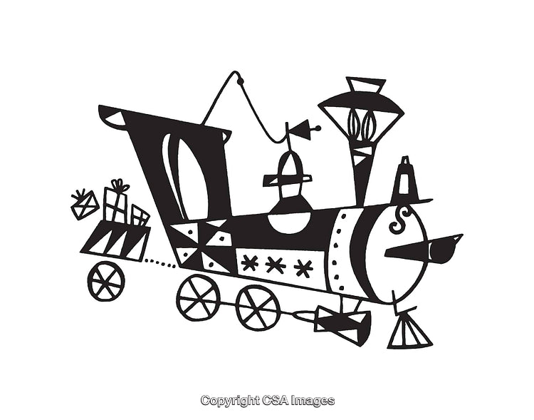 Retro Black and White Line Art of a Gift-Laden Train