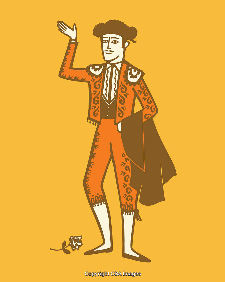 Traditional Spanish Bullfighter Illustration Featuring Bright Orange Costumes and Vibrant Details
