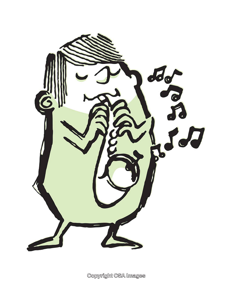 Cartoon Illustration Of Character Playing Saxophone with Musical Notes