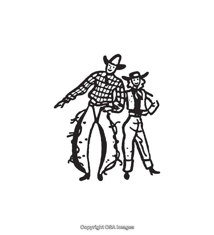 Line Art of Cowboy and Cowgirl Illustrations in Western Attire