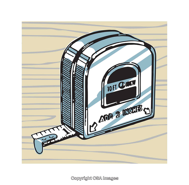 Colorful Hand-Drawn Tape Measure Illustration on a Wood Background