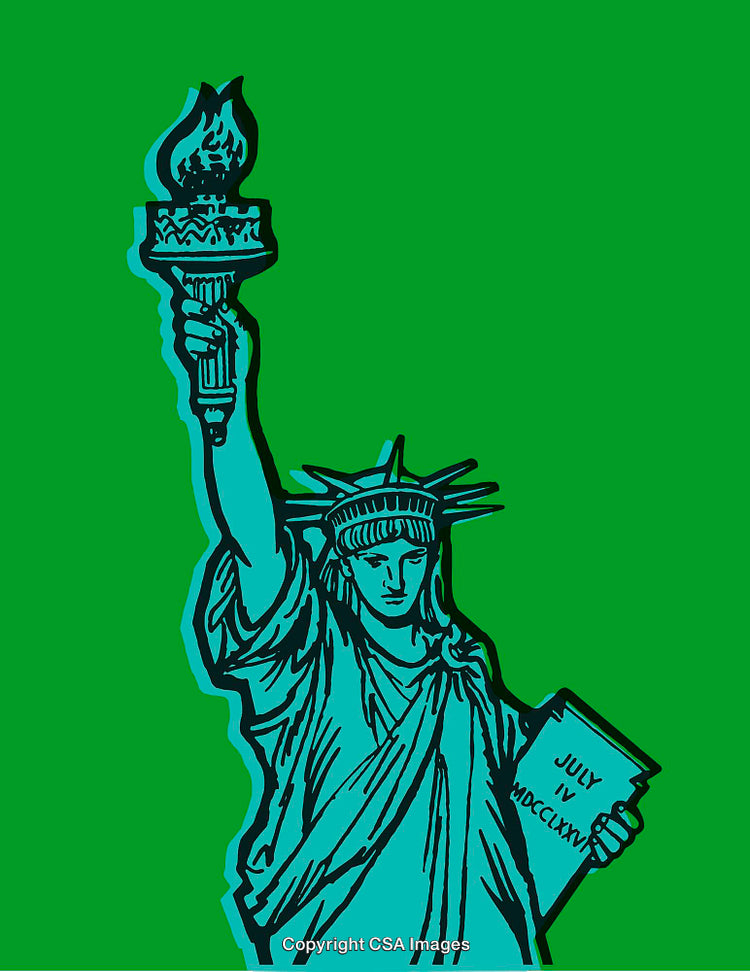 Vibrant Line Art of the Statue of Liberty with Bold Green Background