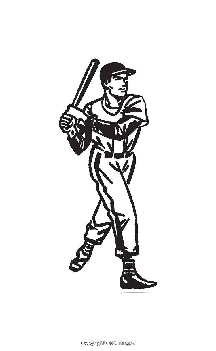 Black and White Line Art of Baseball Player with Bat Ready to Swing