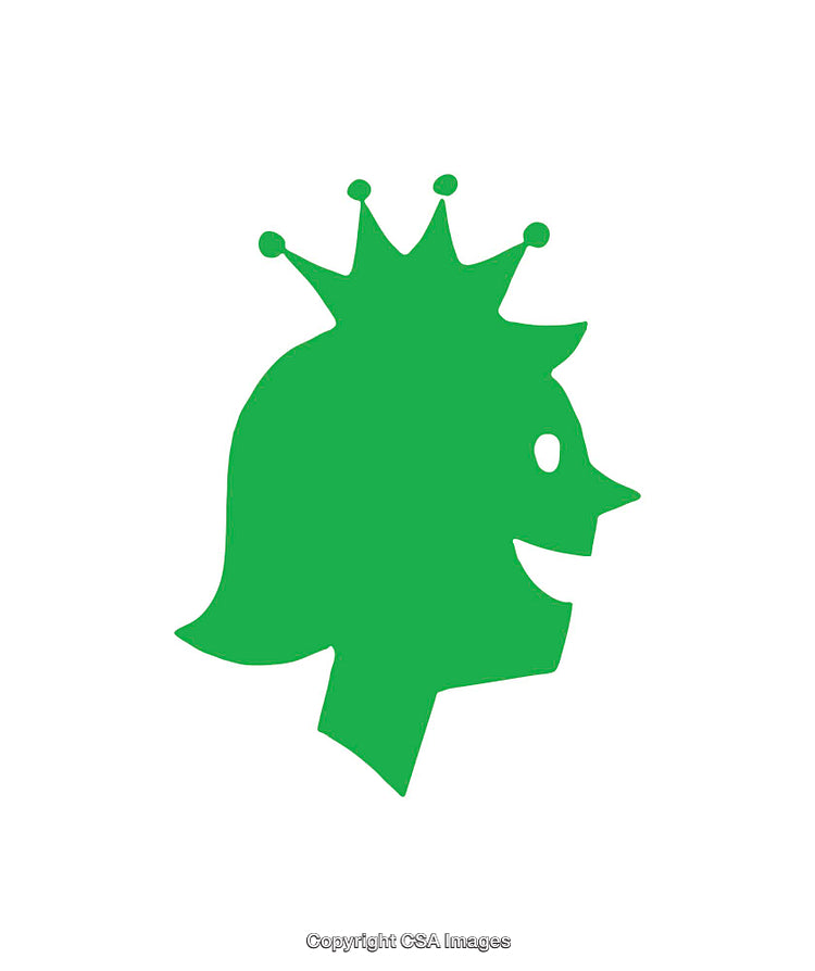 Green Silhouette of a Crowned Character Facing Right on White Background