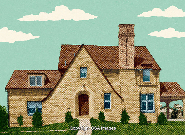 Vintage Style Illustration of a Stone Cottage Under a Blue Sky