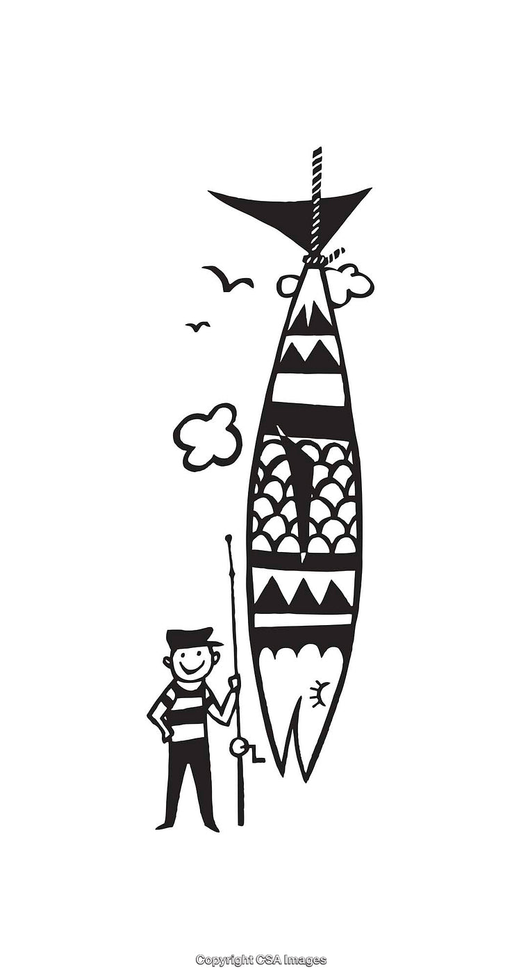 Line Art Illustration of Fisherman And Large Suspended Fish