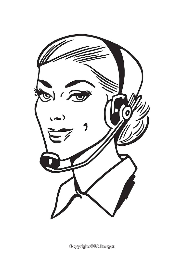 Vintage Line Art of a Customer Service Representative with Headset