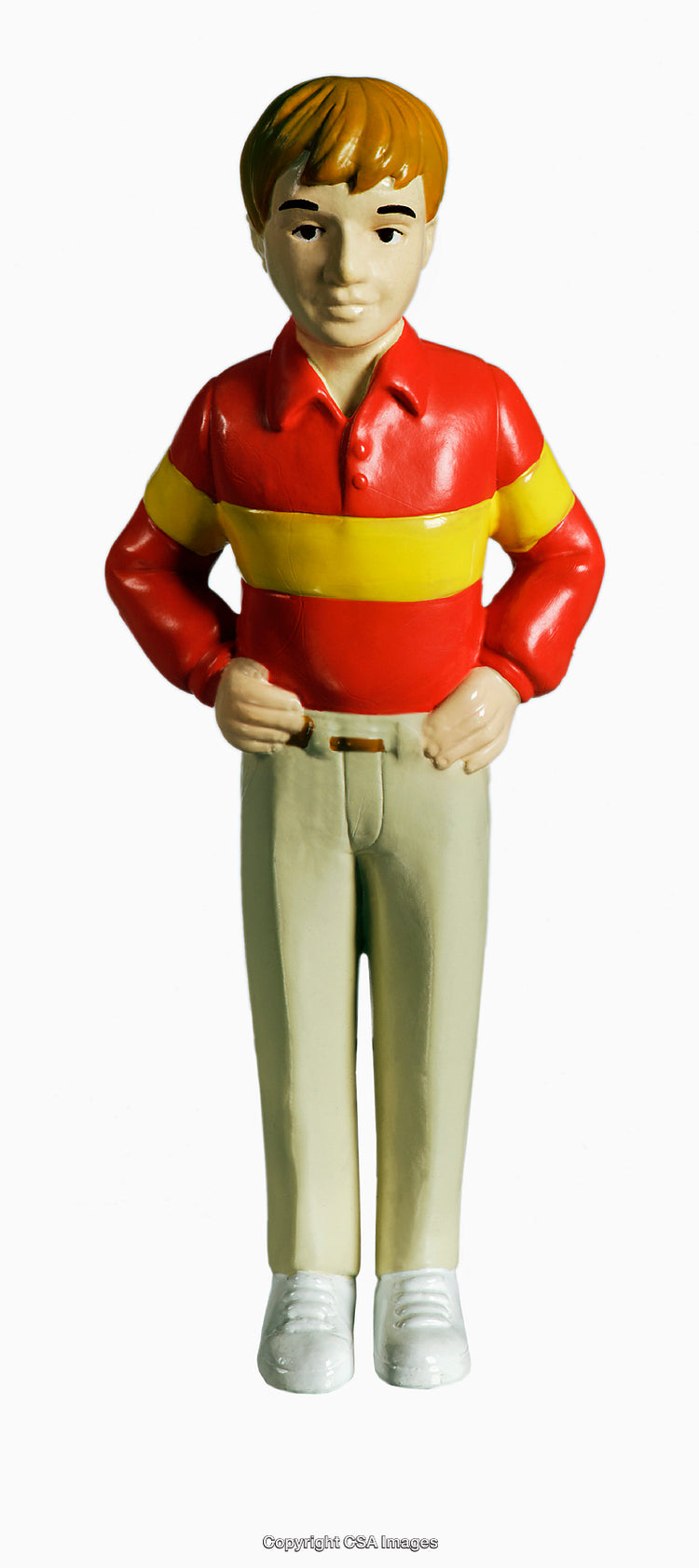 Colorful Plastic Toy Figure Depicted With Red Sweater and Beige Pants