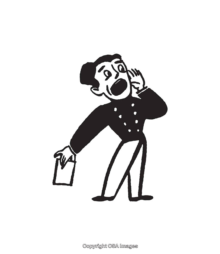 Vintage Line Art Illustration Depicting a Calling Gentleman with Paper
