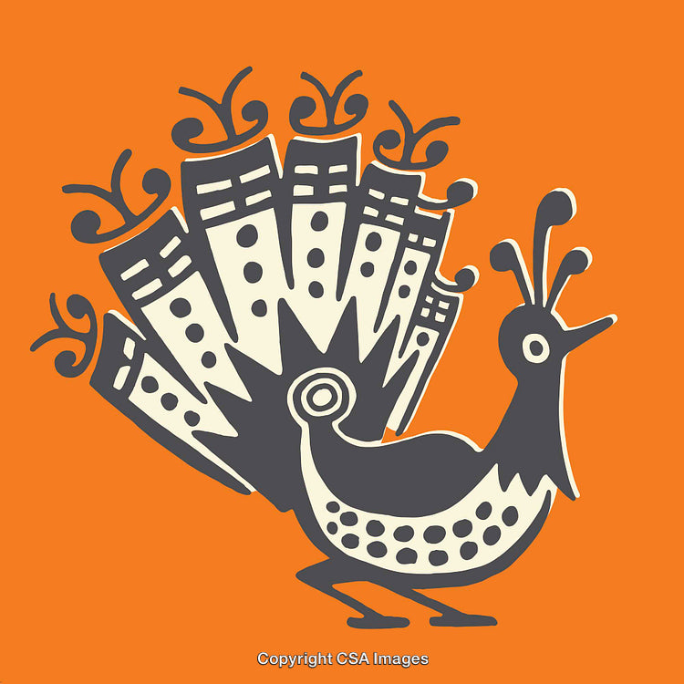Colorful Stylized Peacock Illustration on an Orange Background