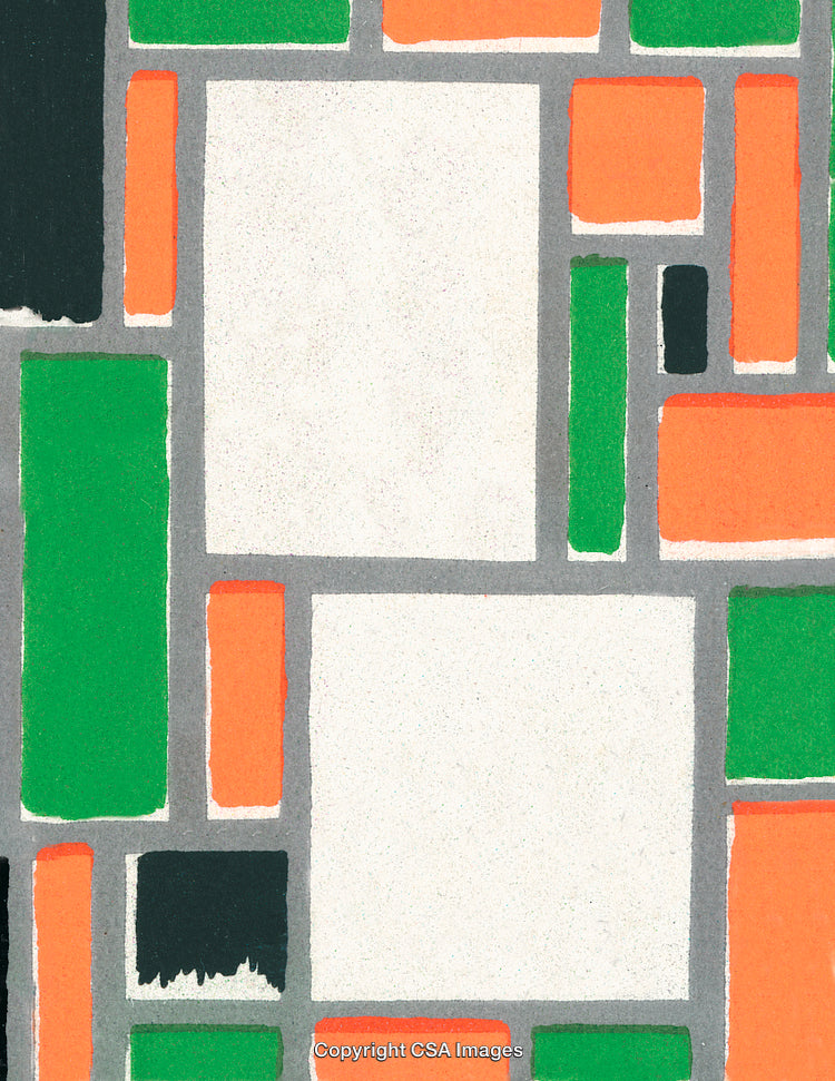 Abstract Geometric Pattern with Bold Orange, Green, Black, and White Rectangles