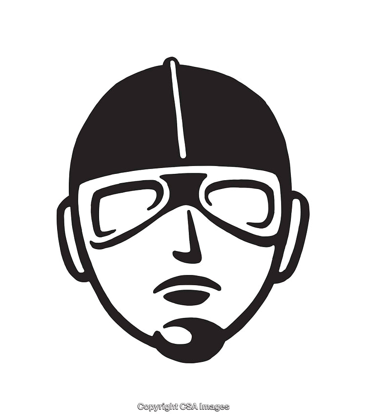 Black and White Illustration of a Vintage Styled Character in Helmet
