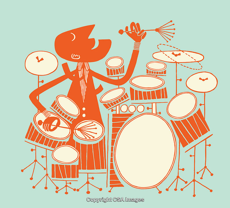 Colorful Line Art Illustration of a Musician Playing an Elaborate Drum Set