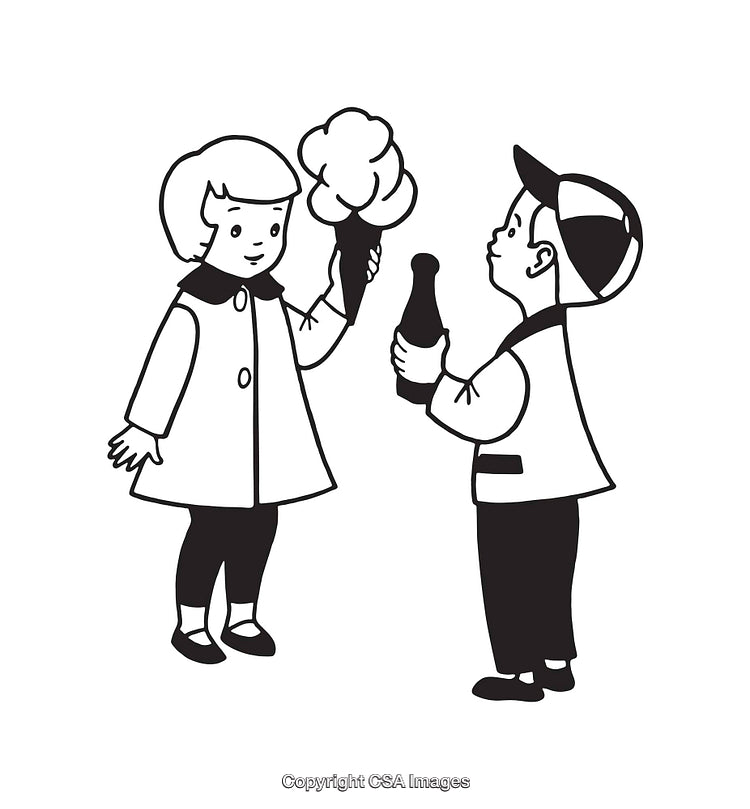 Black and White Line Art Illustration of Two Children Sharing Snacks