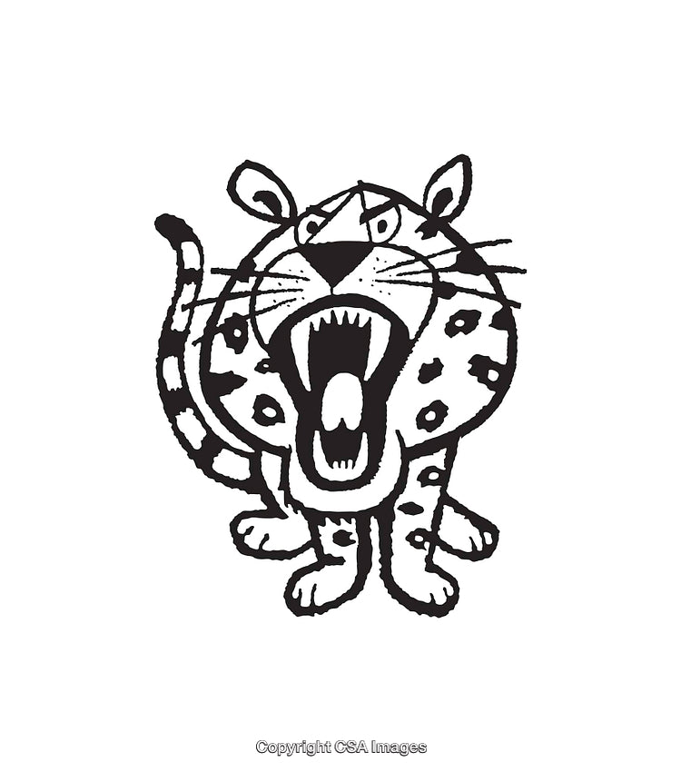 Black and White Roaring Leopard Line Art Illustration in Stylized Design