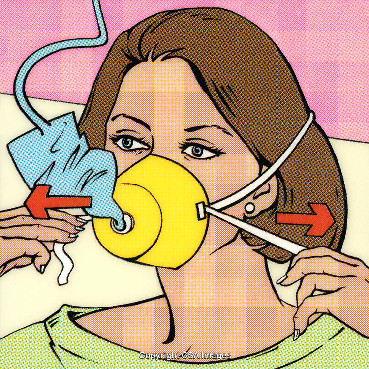 Pop Art Style Illustration Depicting a Woman Wearing an Oxygen Mask