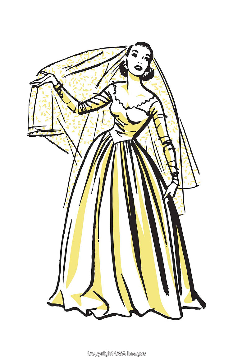 Retro Illustration of a Vintage Bride with Elegant Wedding Attire