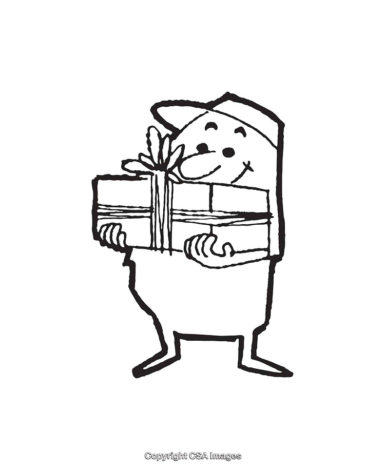 Charming Black and White Line Art Character Holding a Wrapped Gift