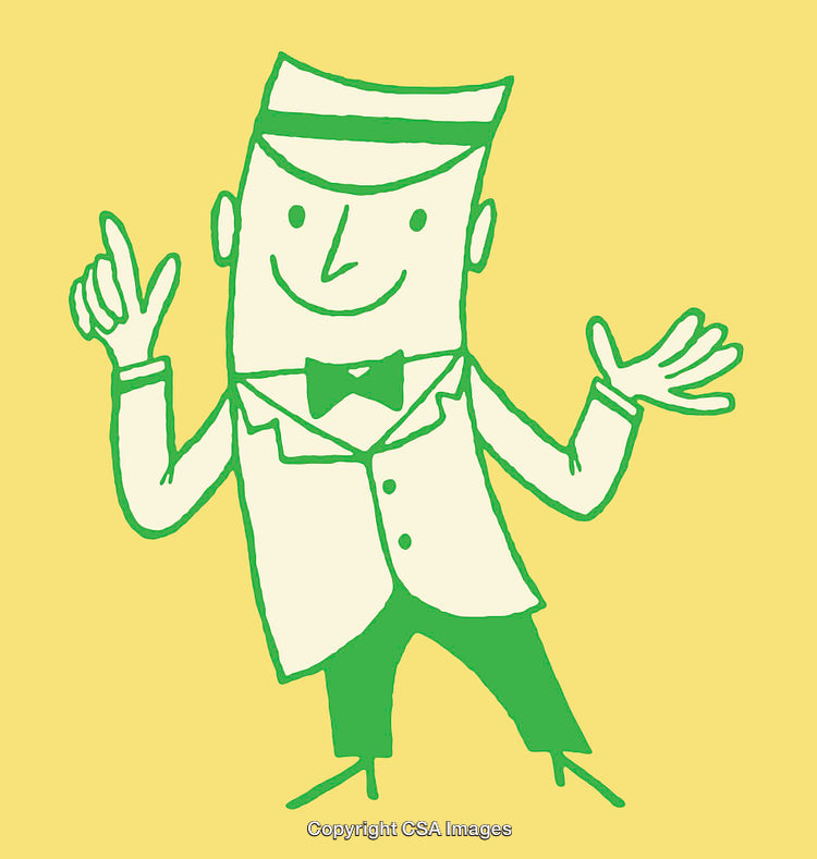 Cheerful Cartoon Illustration of Character in Formal Attire on Yellow Background