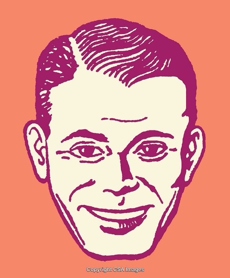 Retro Line Art Illustration of Smiling Man on Vibrant Background