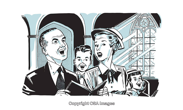 Family Singing Harmony Together in Retro Style Church Setting Illustration