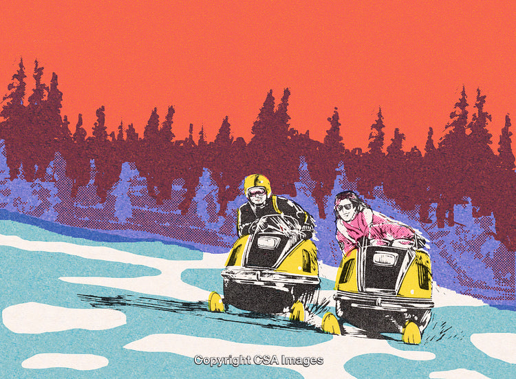 Vintage Style Art of Snowmobiling Adventure in Scenic Winter Landscape