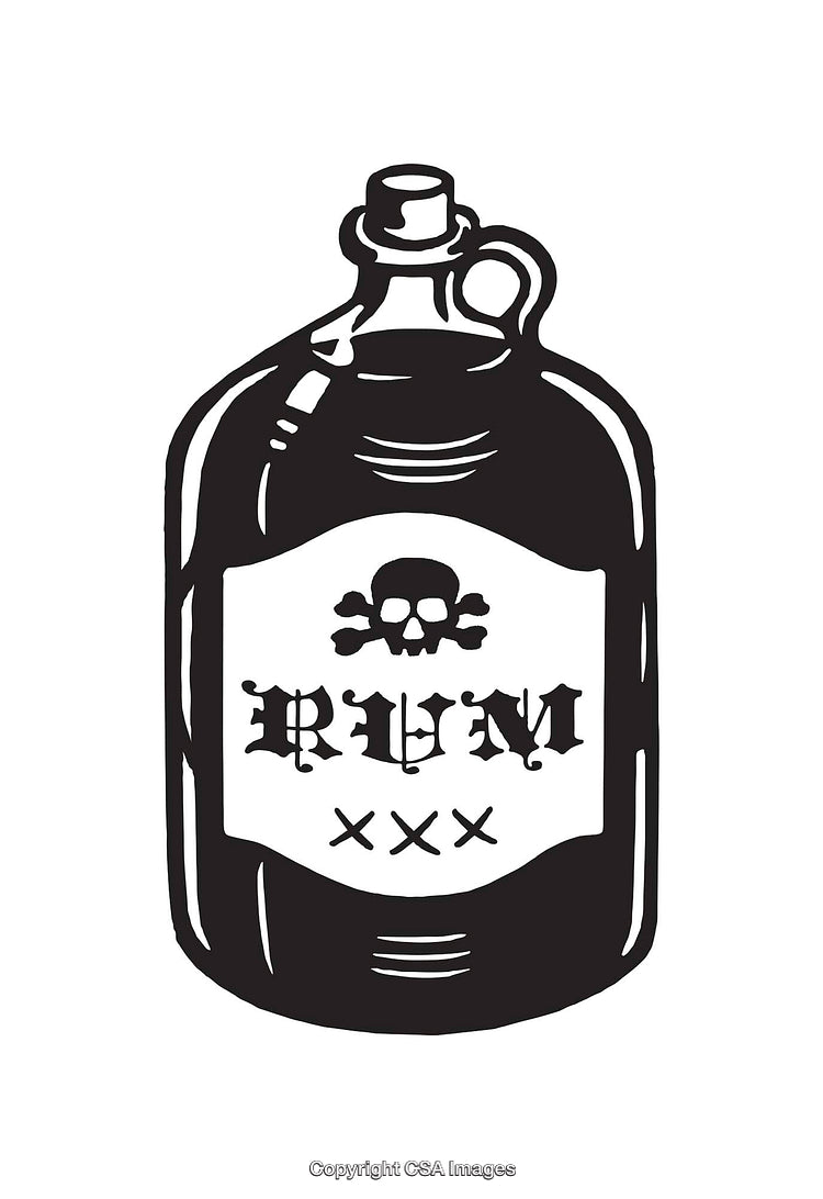 Vintage Black and White Rum Bottle Line Drawing with Skull Symbol