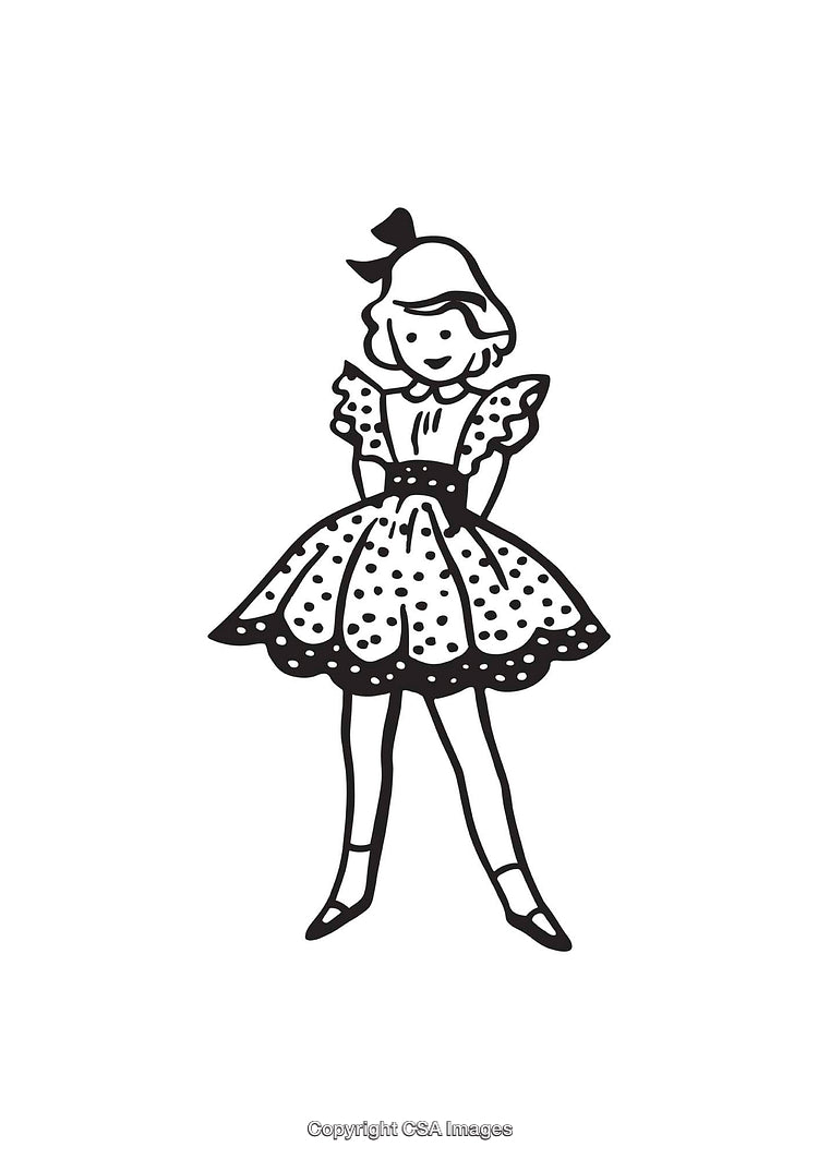Black and White Line Art Illustration of a Girl in a Polka Dot Dress