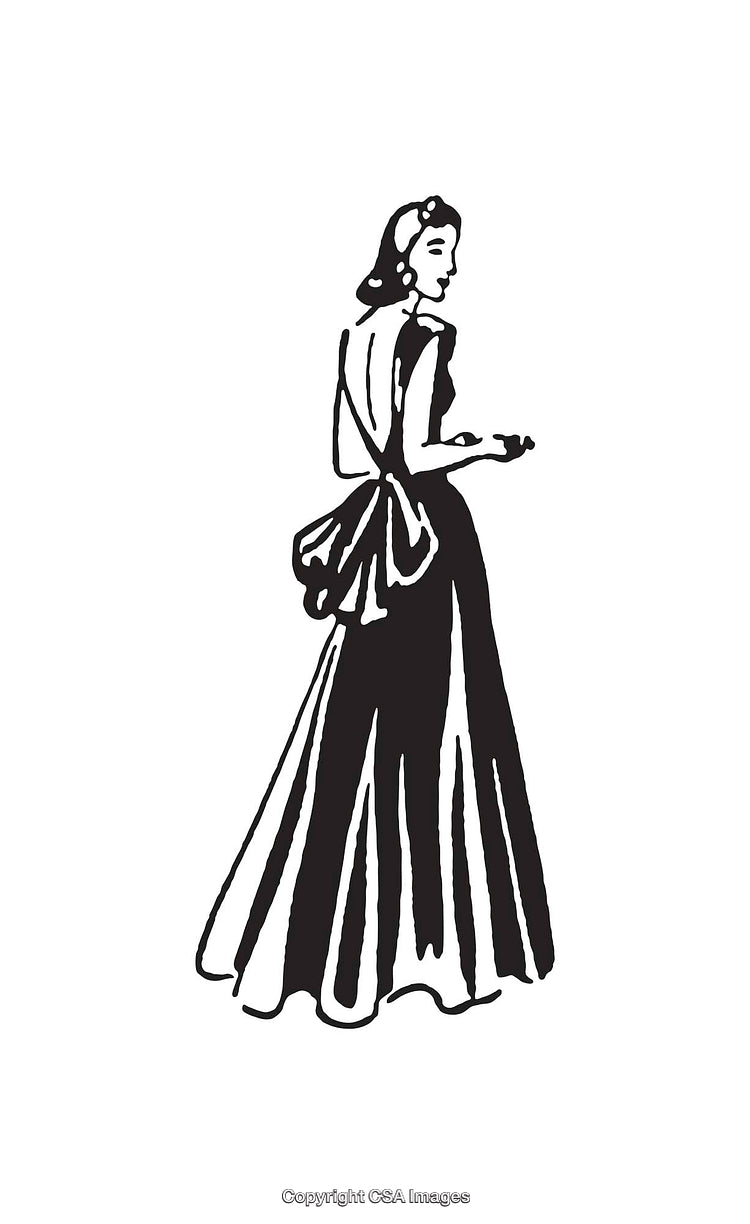 Elegant Black and White Line Art Illustration of a Woman in Eveningwear